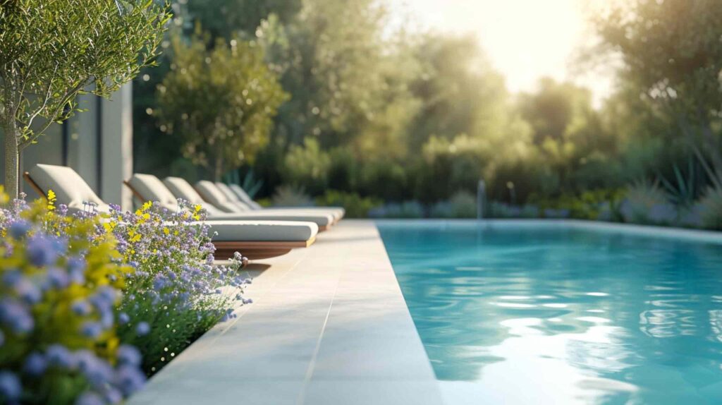 Liegen an einem herrlichen Pool inmitten grüner Pflanzen