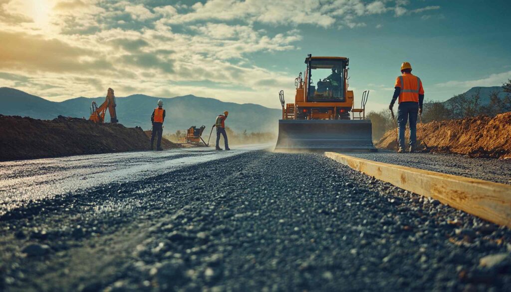 Baukolonne teert eine neue Straße